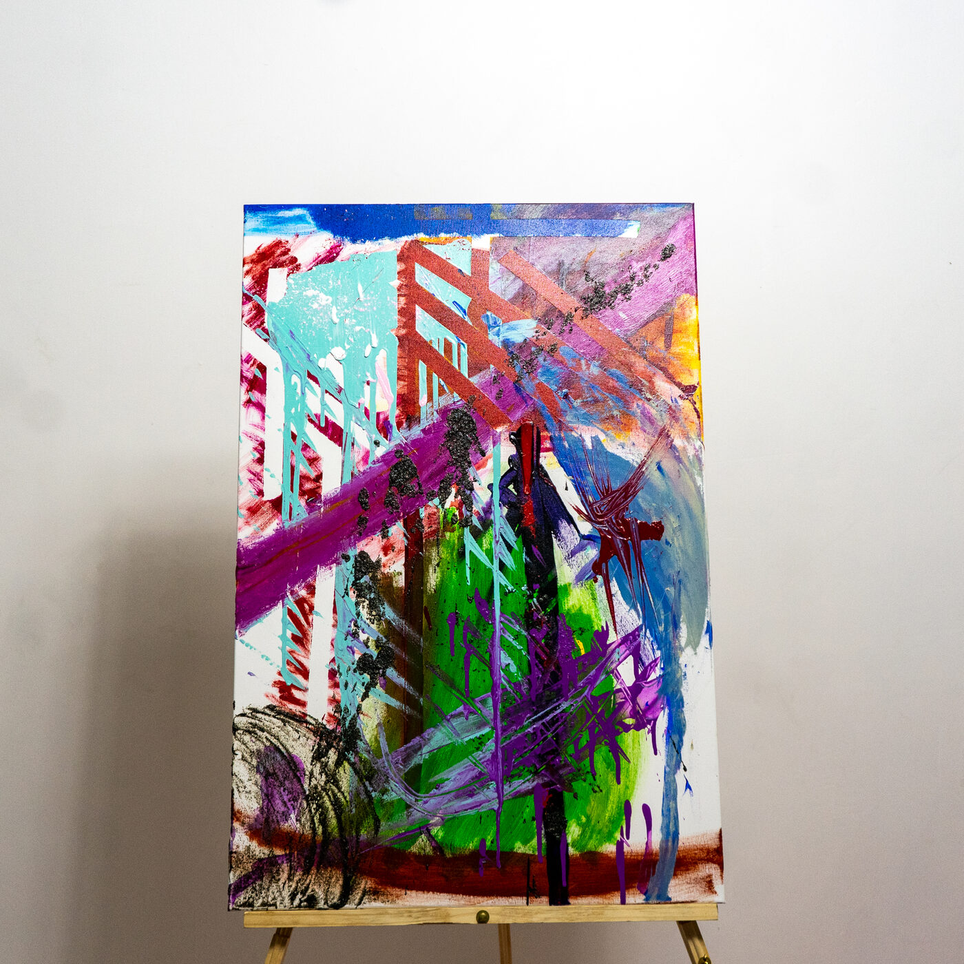 Abstract painting suggesting a bridge structure in purple, teal, and green